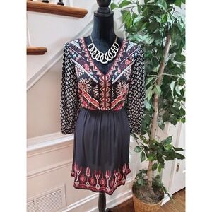 Flying Tomato Women's Black Rayon V-Neck Long Sleeve Knee Length Dress Size S